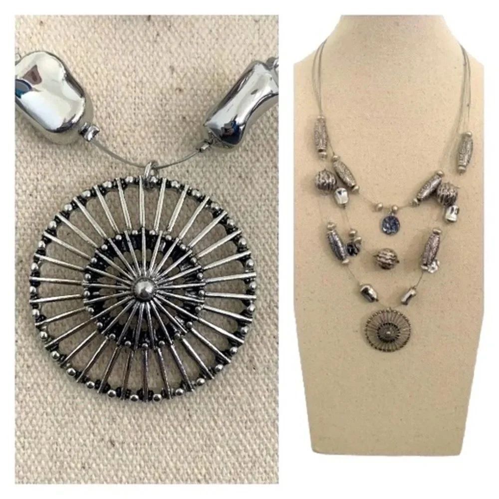 Chico’s Austro Multi-Strand Silver Wire Pendant Necklace with Beads Discs